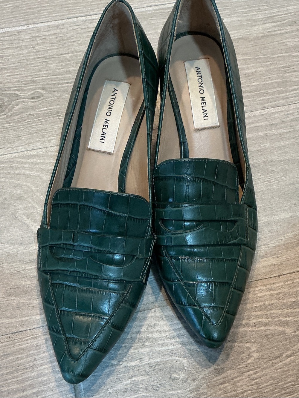 ANTONIO MELANI Leedia Dark Green Croc-Embossed Pointed Loafers Heels Sz 6.5M